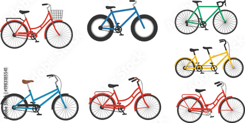 Bicycle Vector Set with Colorful City Bikes, Mountain Bikes, and Tandem Bicycles for Outdoor, Transportation, and Cycling Designs