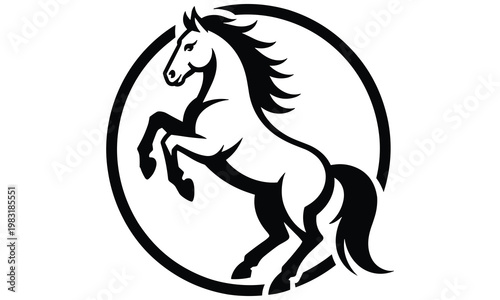 Black and white vector graphic illustration of a rearing horse in a circle