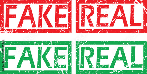 Red and green rectangular rubber stamps with distressed texture featuring the words f a k e and r e a l in bold sans serif capital letters isolated on a white background