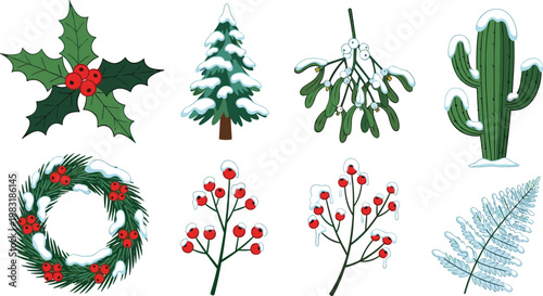 Christmas Plants and Decorations Vector Set with Holly, Mistletoe, Snowy Trees, Cactus, and Wreaths for Holiday, Winter, and Festive Designs