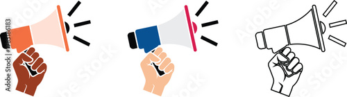 Colorful hands holding megaphones