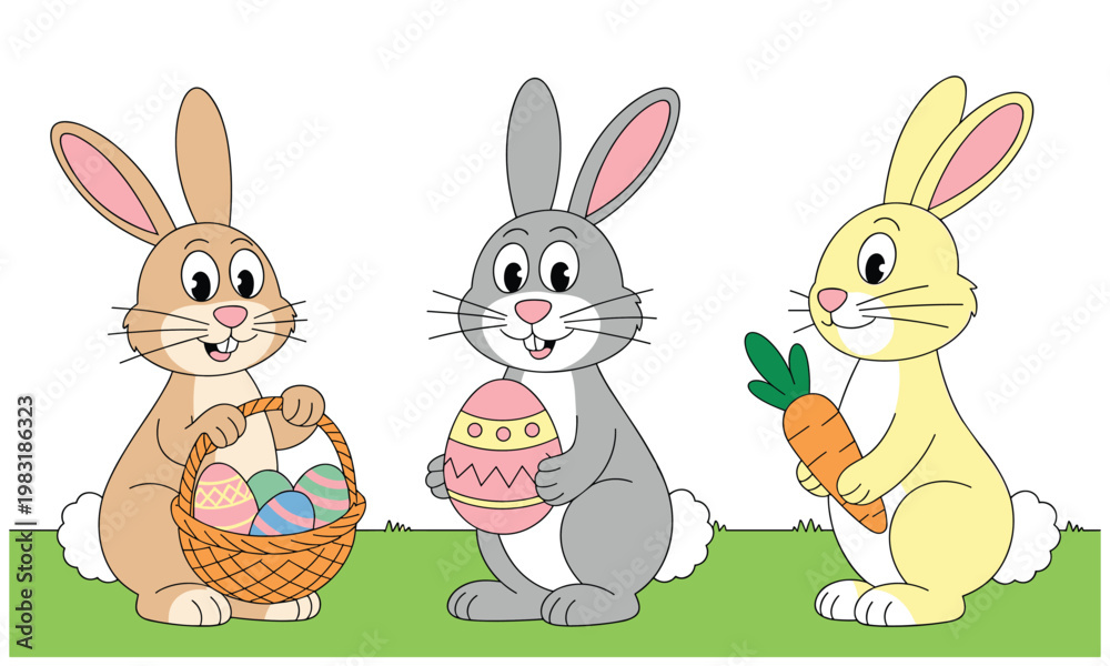 Obraz premium Three cartoon bunnies celebrating Easter with eggs and carrot