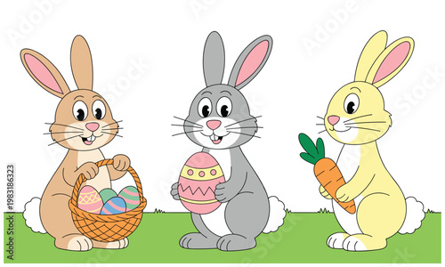 Three cartoon bunnies celebrating Easter with eggs and carrot