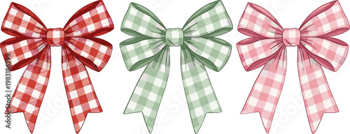 Set of Checkered Bow Ribbons in Red, Green, and Pink for Fashion, Crafts, and Gift Wrapping Designs