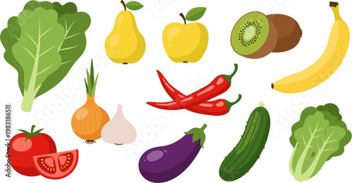 Organic Fruits and Vegetables Collection with Pears, Apples, Banana, Chili, Eggplant, Tomato, Onion, Cucumber, and Lettuce for Healthy Lifestyle Designs