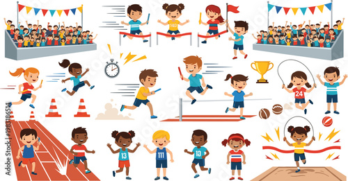 Children's Sports and Athletics Vector Set with Races, Hurdles, Medals, and Team Relays for Active Kids