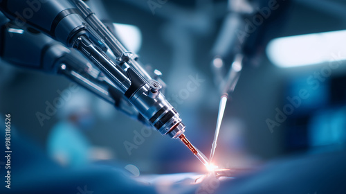 clouse up Surgical robot performing a delicate procedure, extreme close-up of articulated arms, operating theater, dramatic light