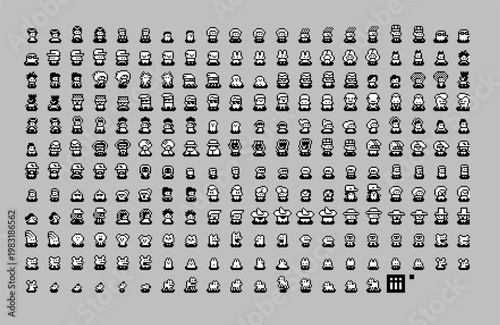 Large pixel art avatars and character icons set in retro monochrome style. Collection includes diverse faces, emotions and styles for game UI, NPCs, profile systems and interface design.