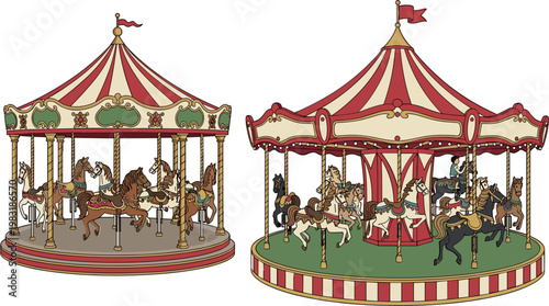 Vintage Carousel Ride Set with Horses and Red Striped Tent for Amusement Park, Fair, and Circus Illustrations