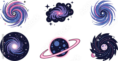 Cosmic and Galaxy Icon Collection with Swirling Galaxies, Planets, and Starry Designs for Space, Astronomy, and Fantasy Illustrations