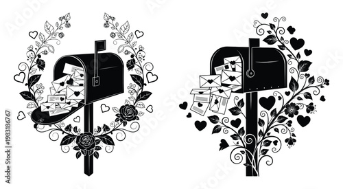 Hand Drawn Mailbox Illustration with Floral and Heart Elements