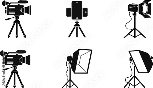 Photography and Filming Equipment Icon Set with Cameras, Tripods, and Lighting Gear for Studio, Filmmaking, and Photography Design