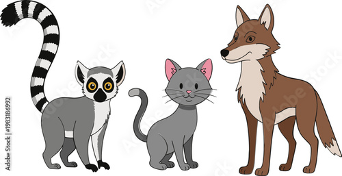 Wild and Domestic Animal Icon Set with Lemur, Cat, and Coyote for Nature, Wildlife, and Pet Design