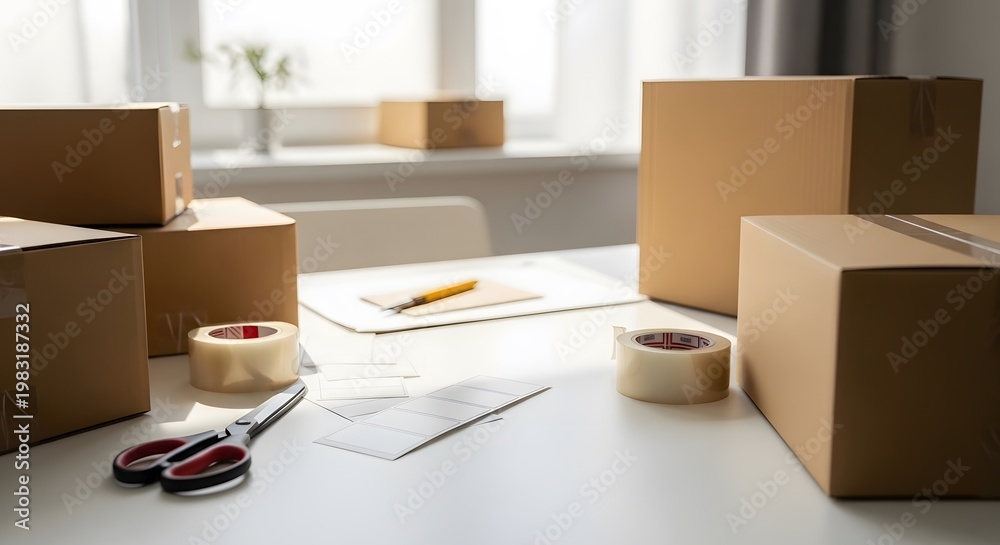 Fototapeta premium E-commerce Order Packing Workspace with Boxes and Supplies, Small Business Shipping Process Concept