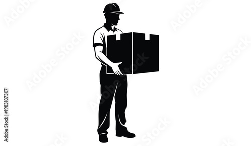 A stark monochromatic depiction shows a delivery worker carrying a large cardboard box embodying the modern logistics industry silhouette high quality professional detailed elegant
