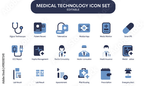 Medical technology icon set with editable blue and dark blue graphics on white background
