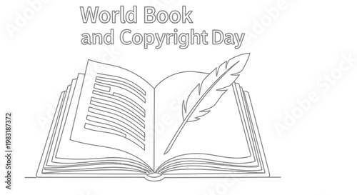 Open book with feather quill and text reading world book and copyright day