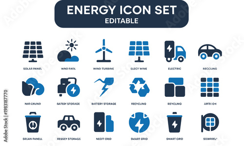 Energy icon set with solar panel, wind turbine, electric car, and recycling symbols, editable vector graphics for ecofriendly concepts