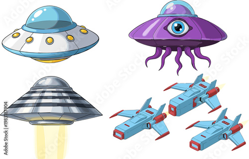 UFO and Alien Icon Set Featuring Flying Saucers, Spaceships, and Extraterrestrial Creatures for Sci-Fi and Space Exploration Designs