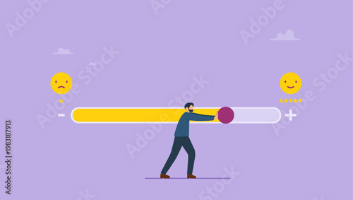 Customer push loading bar for rating feedback scale. Customer satisfaction, feedback or service rating concept. Loading giving smile emoticon.