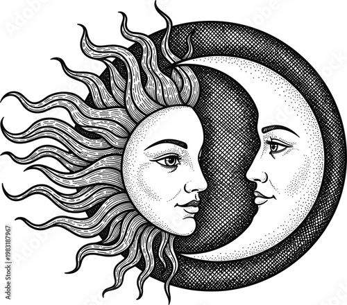 Celestial vintage sun and moon faces vector illustration with intricate stippling detail representing day and night balance mystical astrology and bohemian tarot art design.
