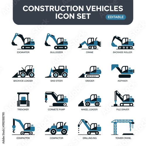 Editable construction vehicles icon set on white background with various machines