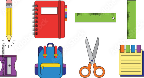 School Supplies Vector Set with Pencil, Notebook, Ruler, Scissors, Backpack, and Stationery for Education, Office, and Creative Projects