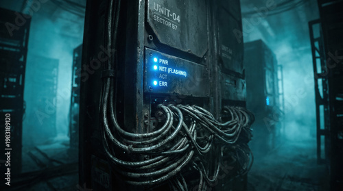 Abandoned bunker server unit with flashing lights and cables in dimly lit room, showing wear and tear, creating sense of decay