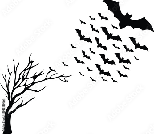 Halloween Bats Flying from Spooky Tree Silhouette Dark Vector Illustration