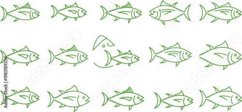Diverse illustrations of tuna fish in various orientations and postures
