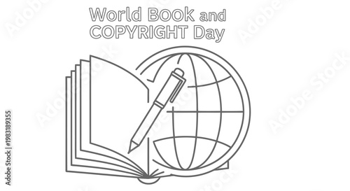 Illustration of an open book with a globe and pen for world book day