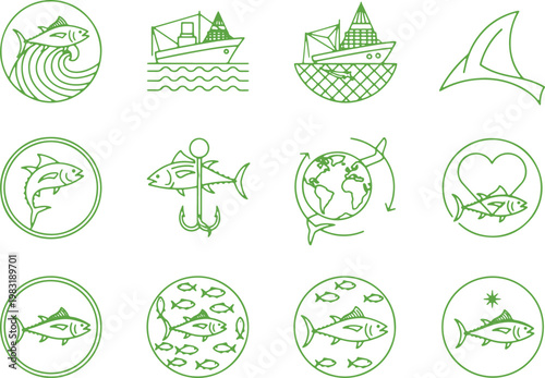 Conceptual symbols related to fishing industry and marine conservation