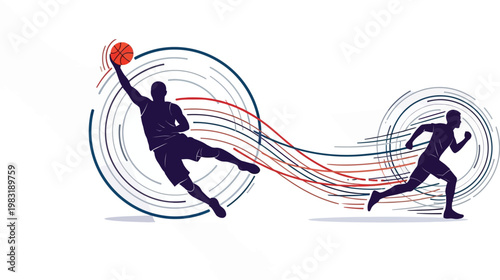 Basketball player jumping to score a goal while another athlete sprints forward to participate in an exciting high energy competition