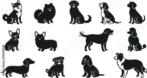 Generate a realistic kinds of deferent cute dog vector art silhouette with white background