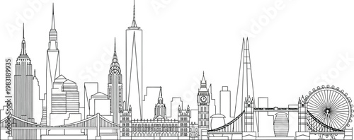 Detailed outline of famous international city landmarks featuring architectural skyscrapers and iconic historical monuments drawn in a minimalist black line