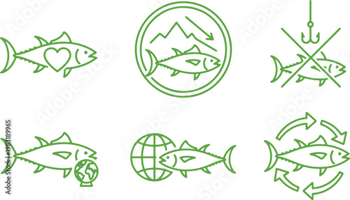 Illustrations of tuna fishing methods and global trade routes