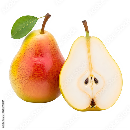Two whole and halved ripe pears displayed side by side