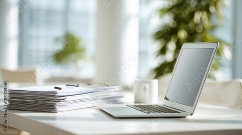 Laptop and documents on a white desk