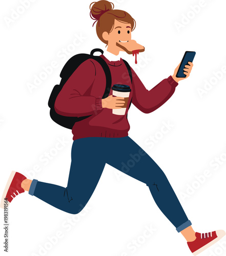 Busy young woman student or employee running fast while holding coffee and smartphone with bread in mouth, morning rush hour concept, flat vector illustration.