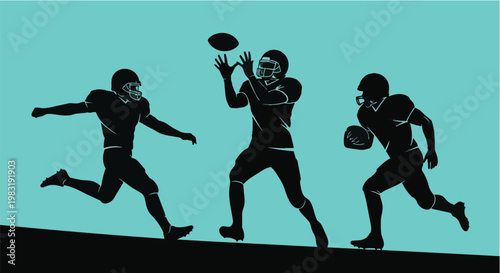 American football players in dynamic motion silhouette against turquoise background for sports editorial