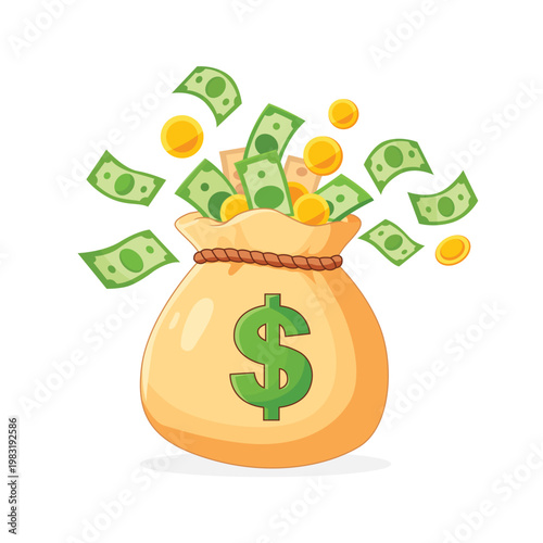 Money bag with dollar symbol and flying cash in flat vector illustration style isolated on white background for finance concept