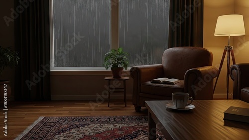 Cozy living room interior during a rainy day with armchair and lamp