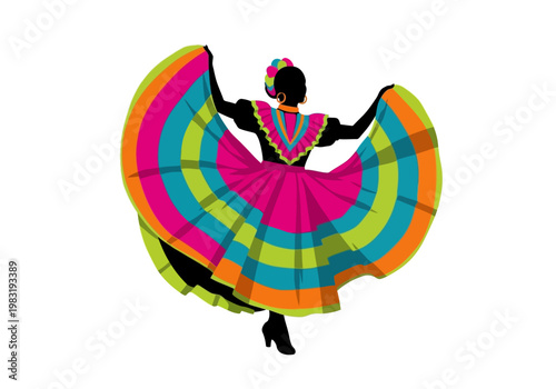 Vibrant Mexican Folkloric Dancer Silhouette with Colorful Skirt.