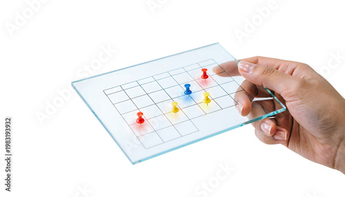 Human hand holding an ultra-thin glass tablet projecting a 3D academic calendar hologram.