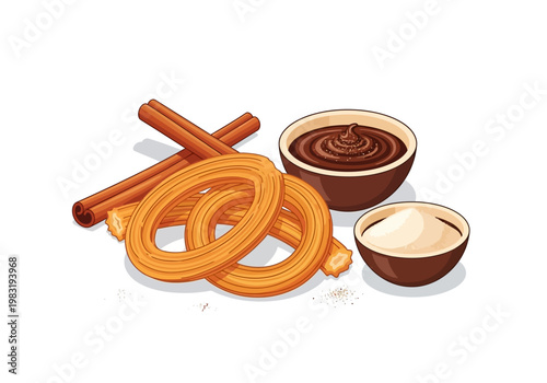 Delicious Churros with Chocolate Dip and Cinnamon Sticks.