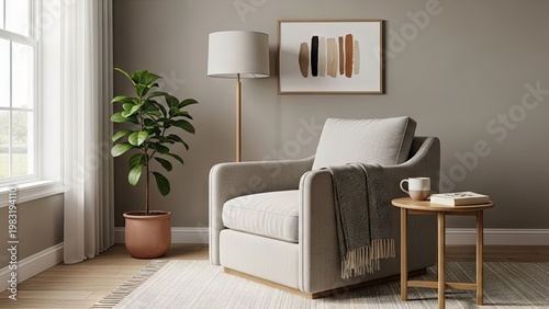 Cozy living room interior with armchair floor lamp artwork and potted plant