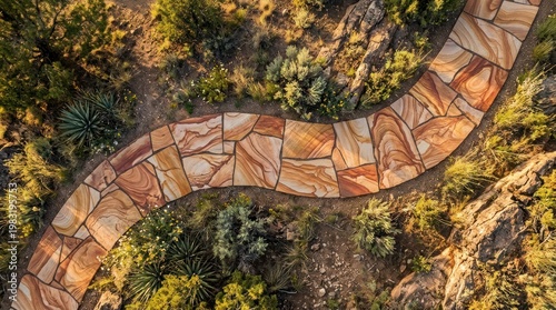 A winding pathway through lush green trees and vibrant foliage in a scenic park setting.