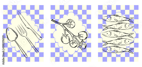 Table Setting and Seafood Hand Drawn Illustration with Cutlery Tomatoes and Sardines for Summer Dinner Party Seafood Festival and Mediterranean Kitchen Decor