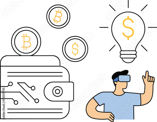 Cryptocurrency wallet and virtual reality fintech concept flat illustration for web applications