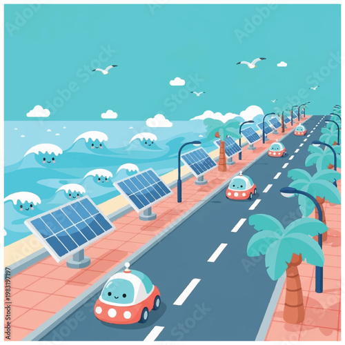 Electric cars on solar road.